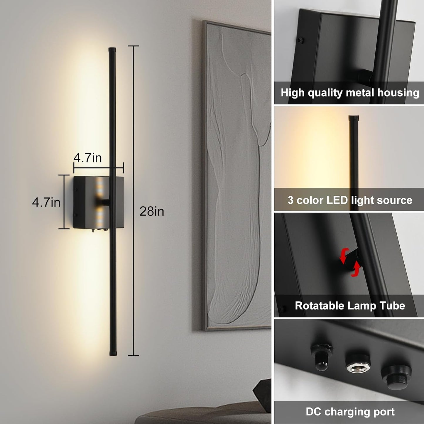 Battery Operated Wall Sconces with Remote Control, 11000mAh LED Wireless Rechargeable Black Wall Lights, 350°Rotate