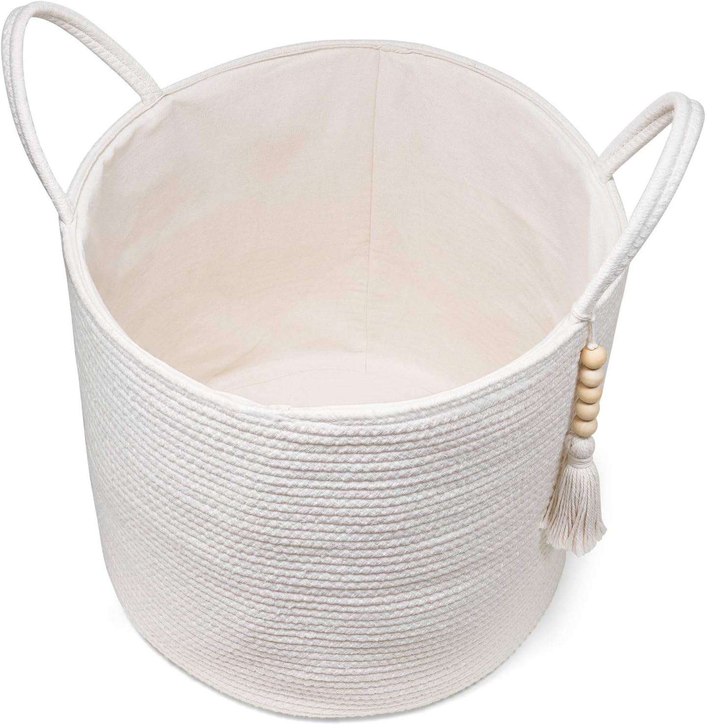 Woven Storage Basket Decorative Natural Rope Basket Wooden Bead Decoration / White / 16" W x 13.8"L