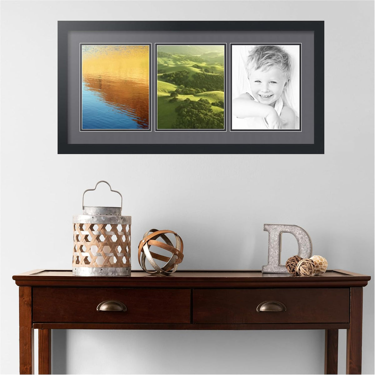 ArtToFrames Collage Picture Frame 3 Opening 3-8x10 Photo Frame | Made in USA | Black Frame Mountain Grey and Black Mats