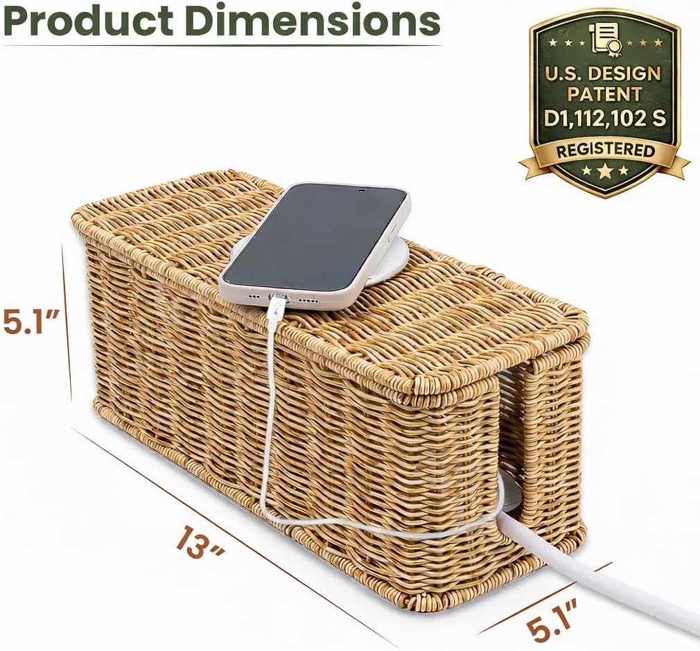 Handmade Rattan Cable Organizer / Natural / Rectangle
