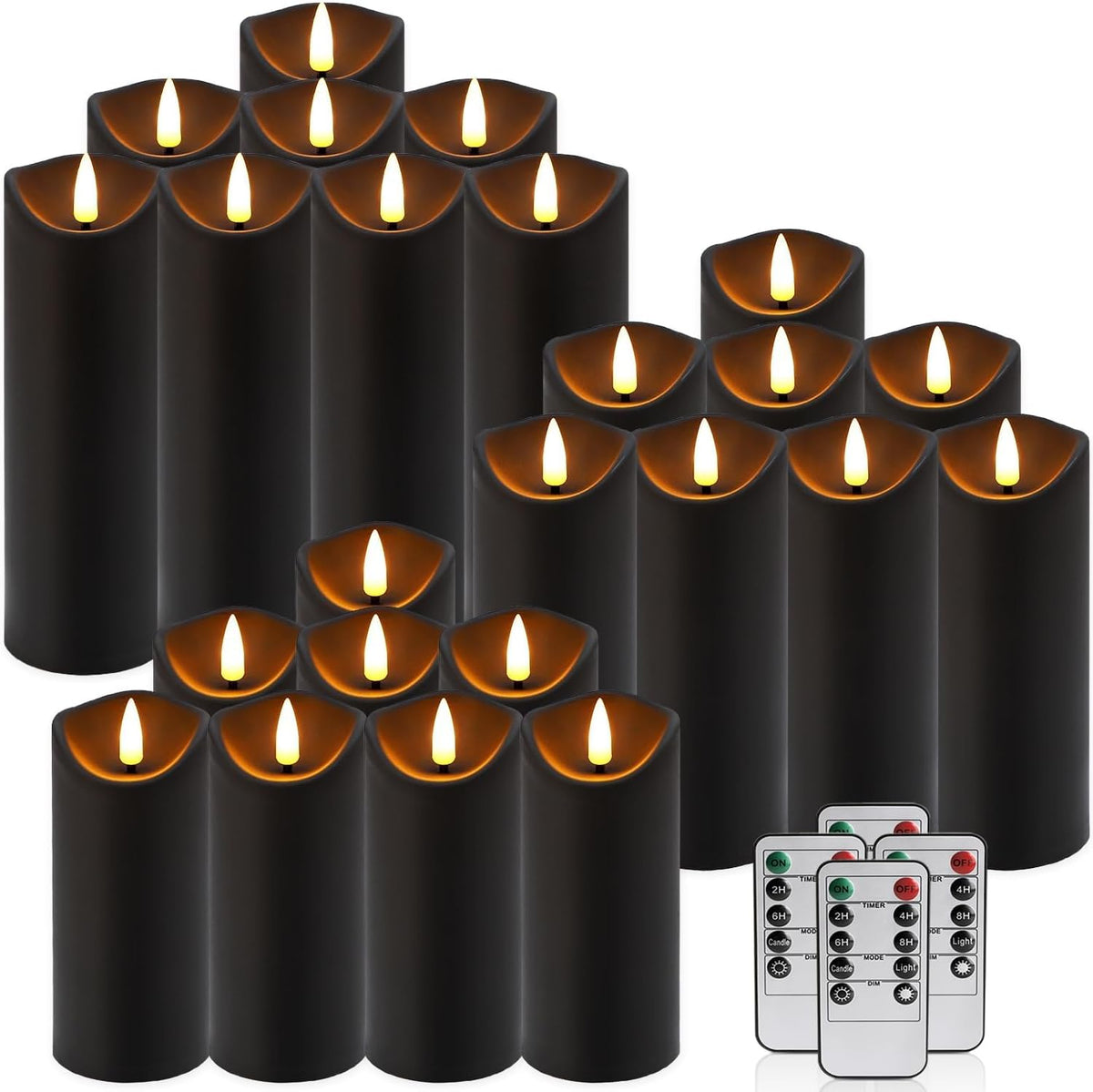 24 Pack Black Halloween Decoration Flickering Flameless Candles(D2.2 xH 5" 6" 7"), Battery Operated LED Pillar Candles