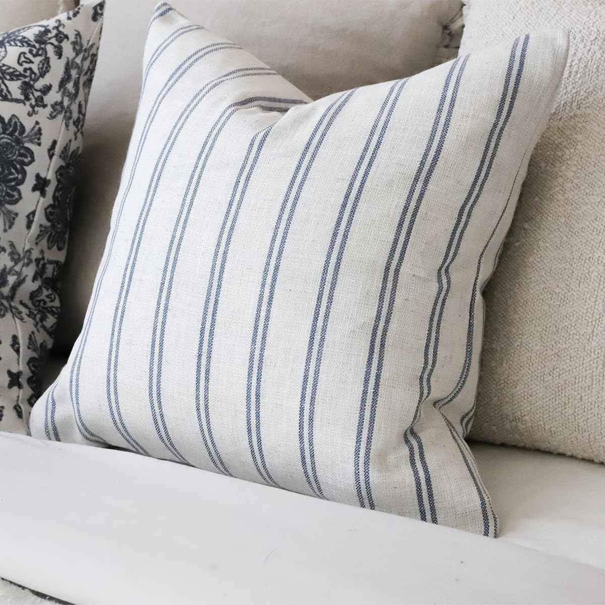 Farmhouse Linen Throw Pillow Cover / Blue Striped / 18 x 18 / Set of 2