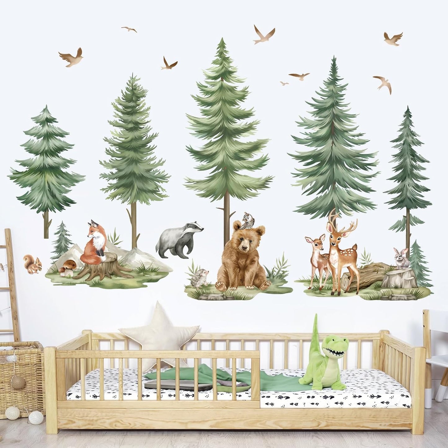 Mountain Tree Wall Stickers Large Pine Tree Forest Animals Bear Deer Peel and Stick Wall Art Decals