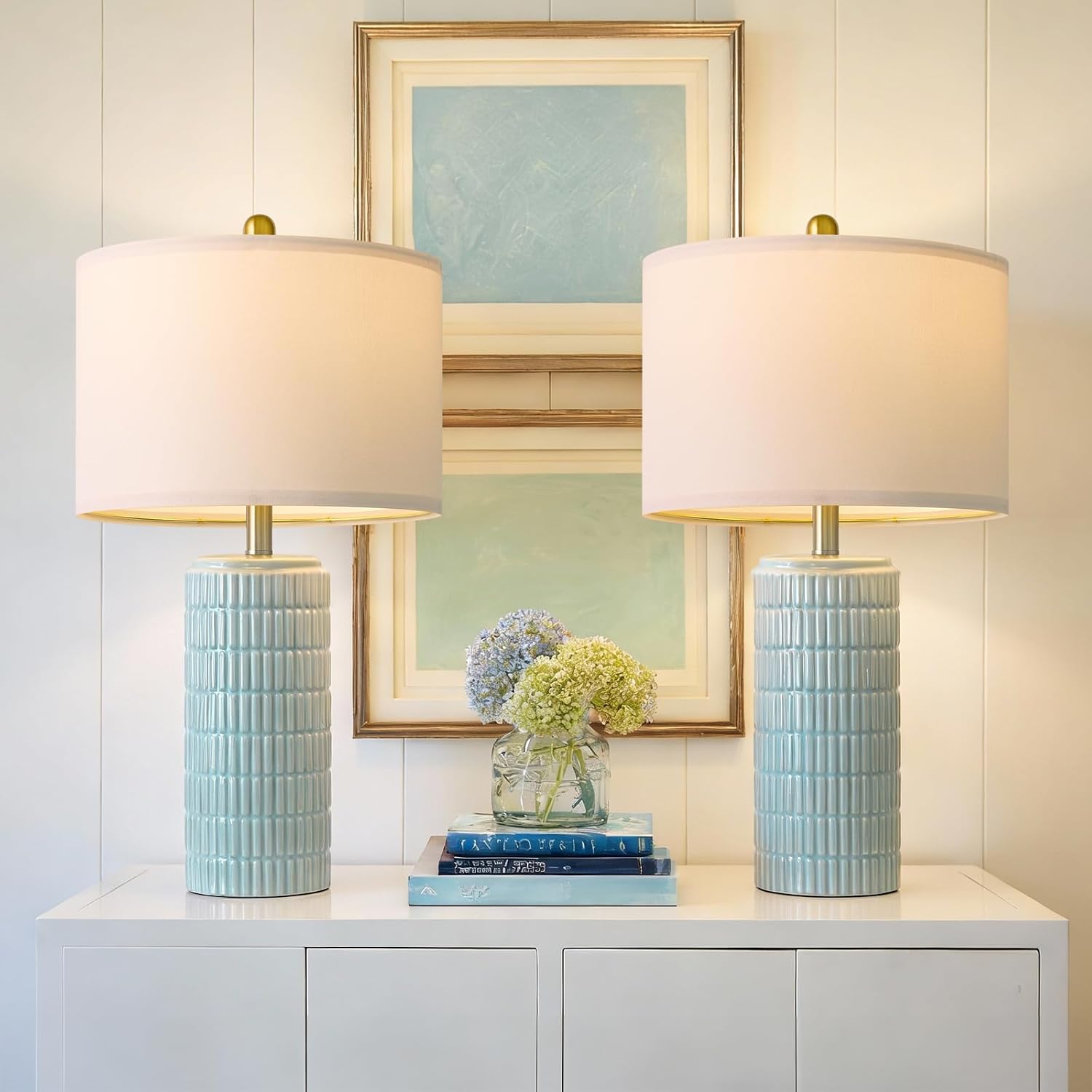 PoKat 23" Light Blue Table Lamps Set of 2, Modern Bedside Lamps for Bedroom, Coastal Ceramic End Table Lamps for Living