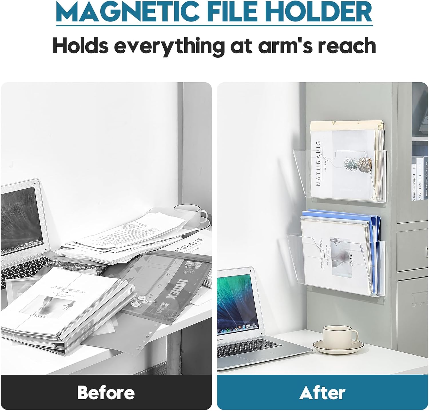 Qozary Clear Acrylic Magnetic File Holder - 2 Pack Magazine Rack for File Cabinets, Magnetic Mail Holder, File