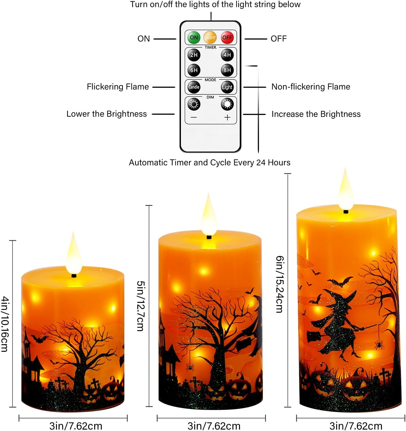 Sasigeiaa Halloween Flameless Candles with Remote - Orange LED Candles & String Lights, Battery Operated Set of 3 (D3 x