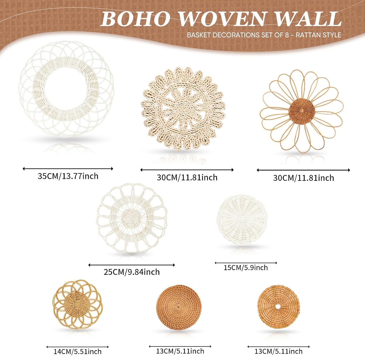 Boho Wall Basket Decor / Classic Rattan / Set of 8