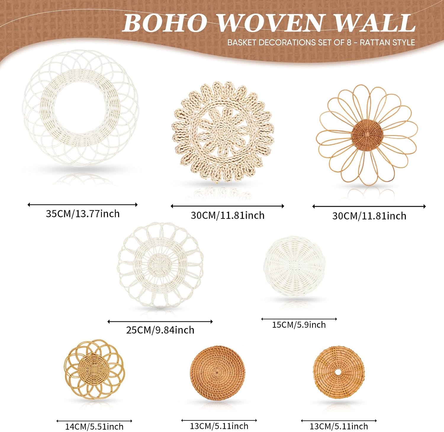 Boho Wall Basket Decor / Classic Rattan / Set of 8