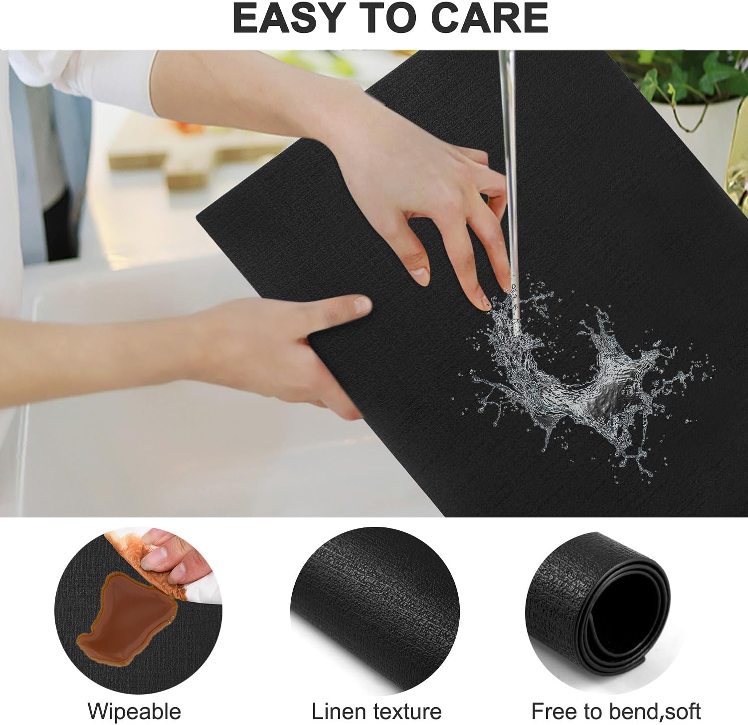 Leather Heat Resistant Placemats Set of 6 Waterproof Wipeable Washable PU Table Mats,Easy to Clean Anti-Slip (6, Black)