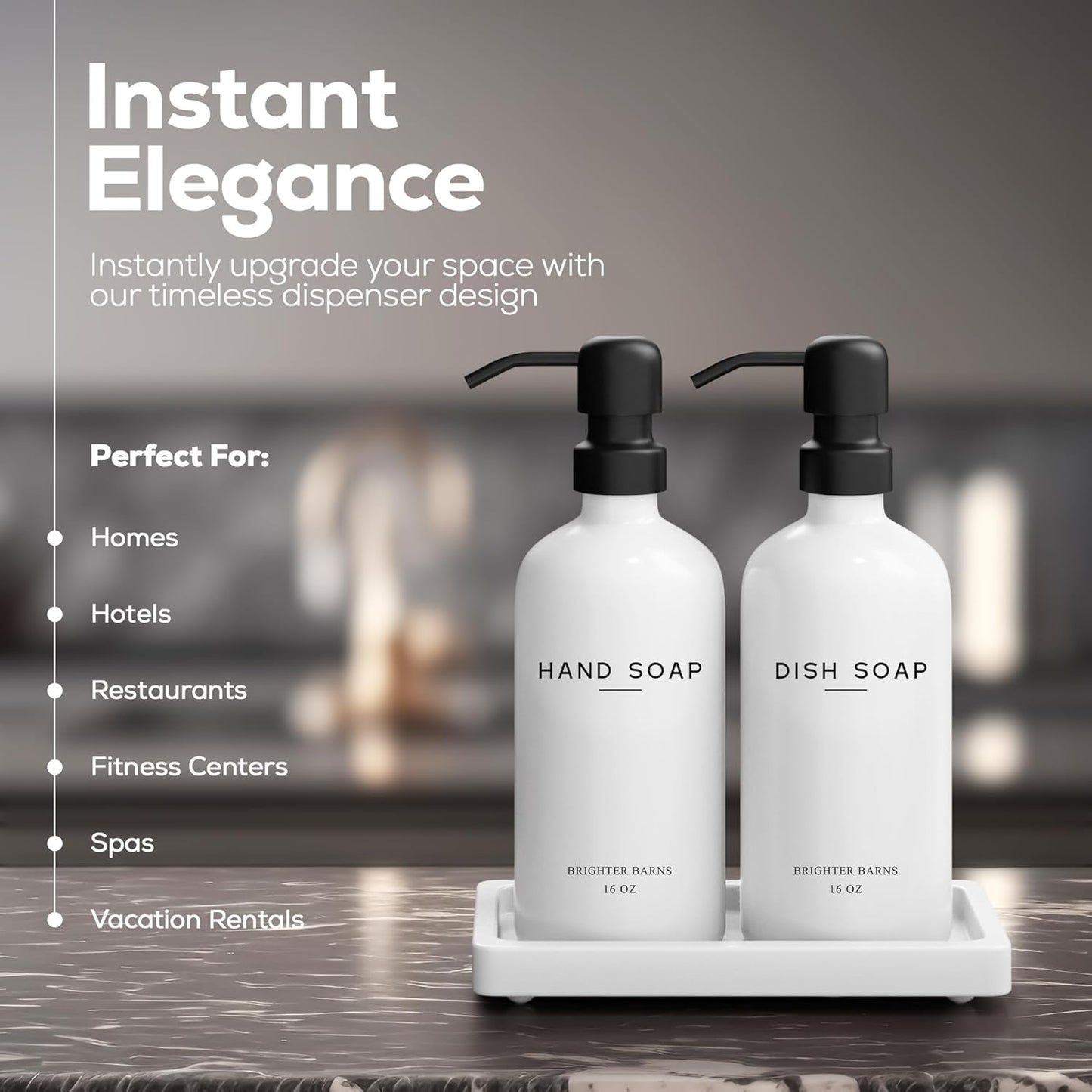 White Glass Hand and Dish Soap Dispenser Set by Brighter Barns - Kitchen Soap Dispenser Set with Tray for Kitchen, Home