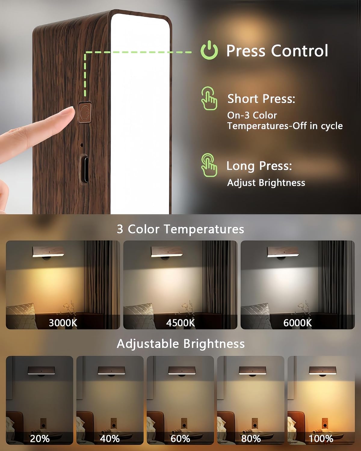 Battery Operated Wall Sconces Set of 2, Wood Rechargeable | Wireless Wall Light with Remote&Button, 360° Rotate