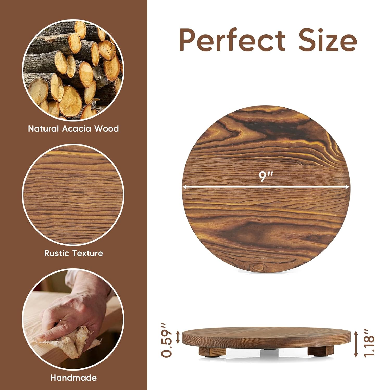Small Round Decorative Tray Burnt Wood Bathroom Counter Organizer Pedestal Stand / Brown / Set of 9