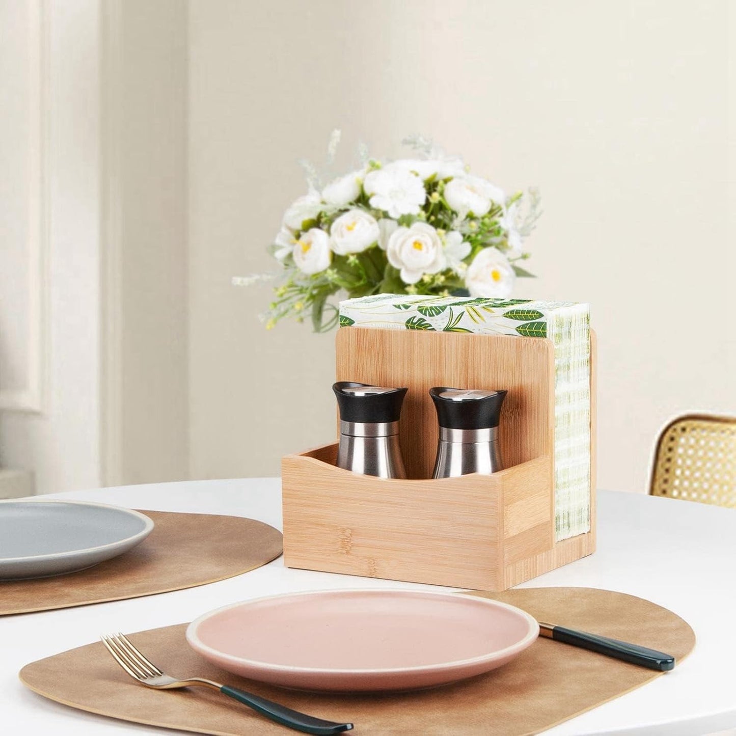 Bamboo Salt Pepper Napkin Holder Set / Natural