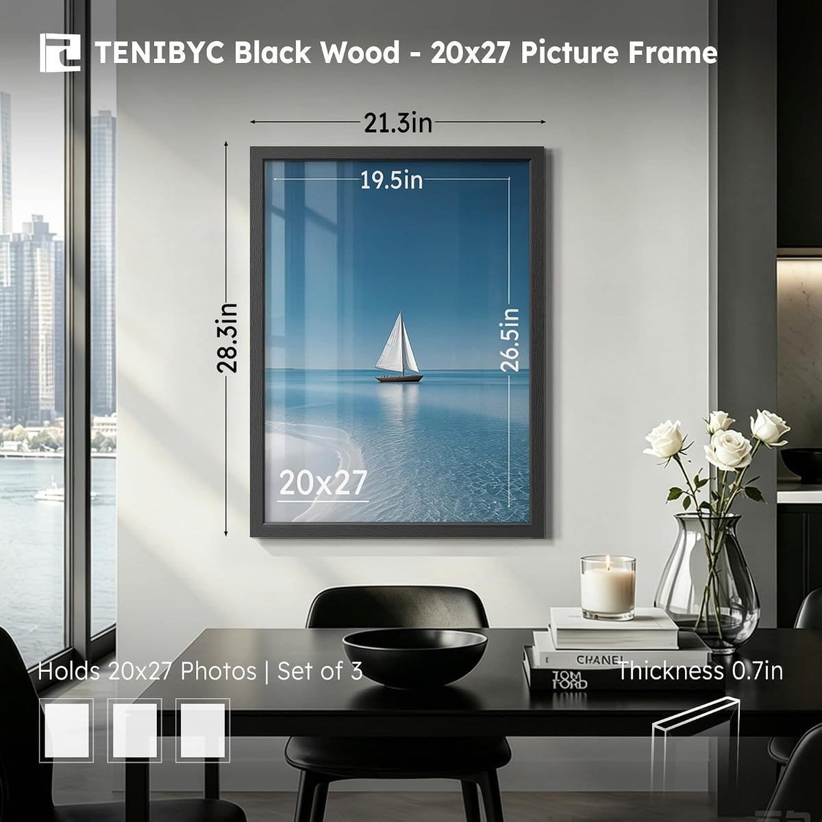 20x27 Picture Frame, Black Wood, 3 Pack, Wall Hanging for Poster | Thick Polished Plexiglass, Artwork Poster Frame Wall