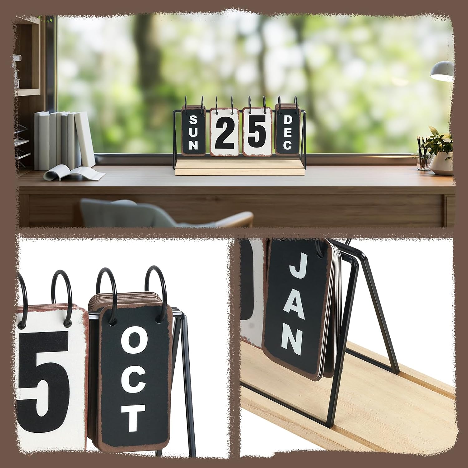 Metal Flip Calendar with Wooden Base, Daily Perpetual Desk Calendar with Large Display, Modern Farmhouse Desktop