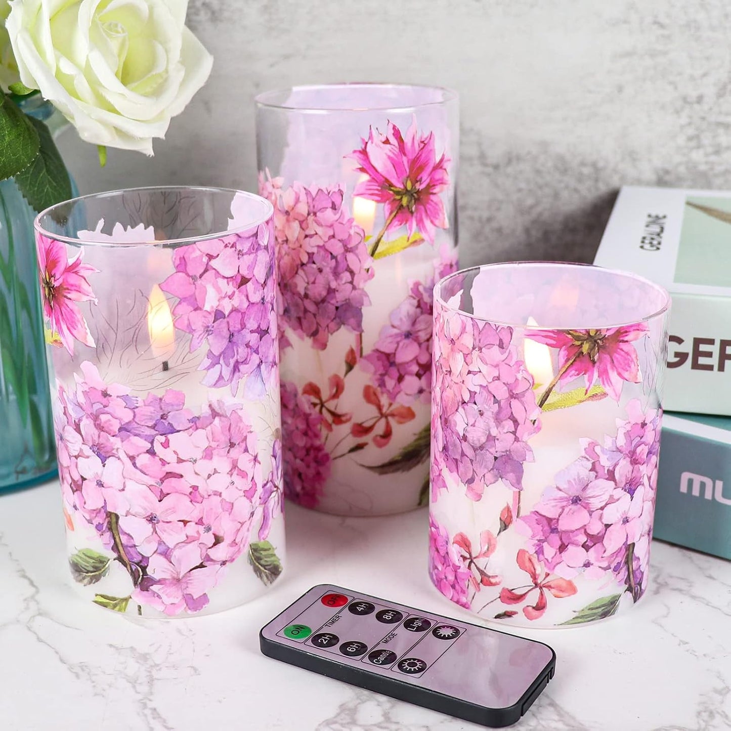 Red Hydrangea Glass Flameless Candles with Remote and Timer | Batttery Operated LED Pillar Candle Flickering, Real Wax