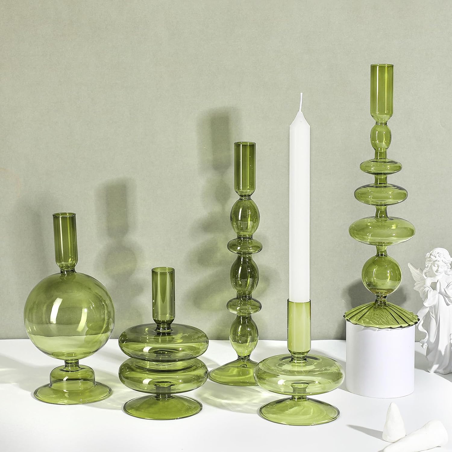 Rtteri 5 Pcs Glass Candlestick Holders Colorful Glass Taper Candle Stand Groovy Candlestick Wavy Boho Chic Clear Bases
