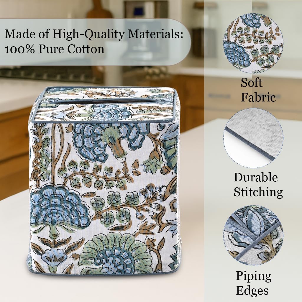 Block Print Tissue Box Cover Handmade Cotton Fabric Decorative Square Napkin / Asparagus Green