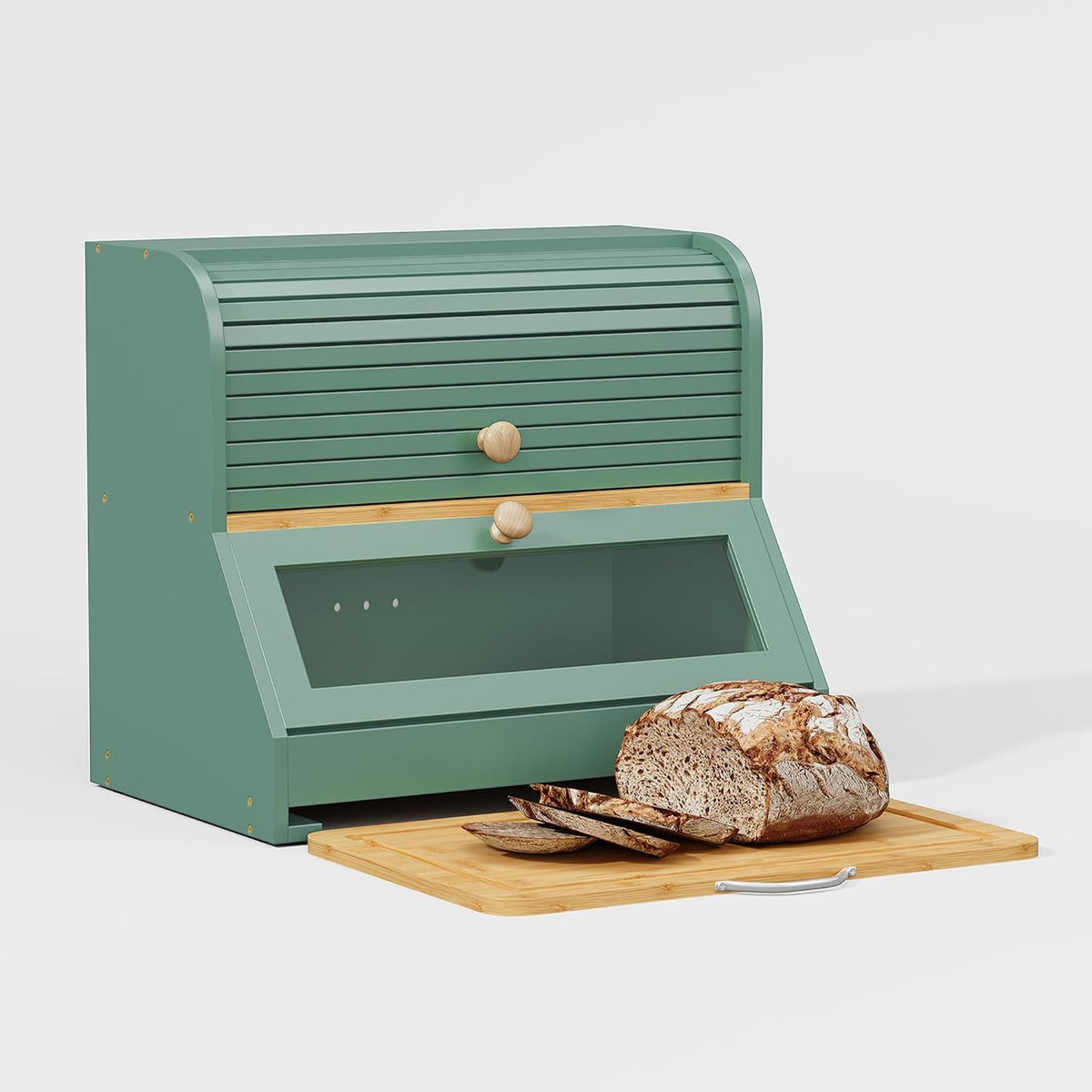 HOLTICO Roll Top Bamboo Bread Box with Cutting Board for Kitchen, Green | 2-Tier Large Wood Bread Bin for Kitchen