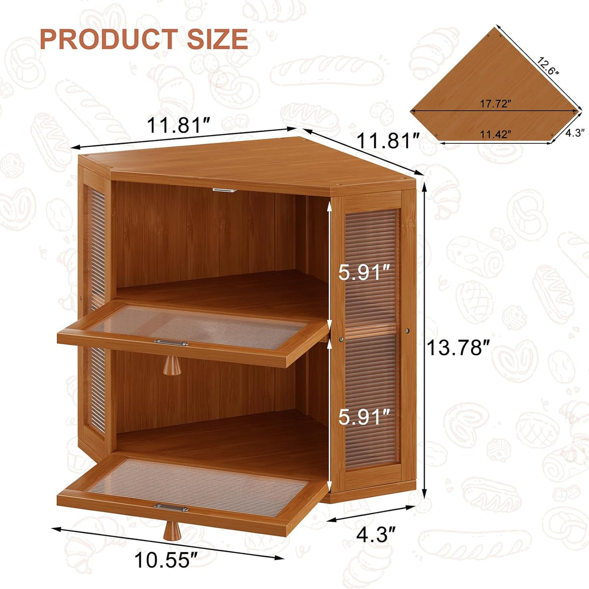 WOWLIVE Double Layer Corner Bread Box for Kitchen Countertop with 2 Doors | Bamboo Bread Storage Container, Large