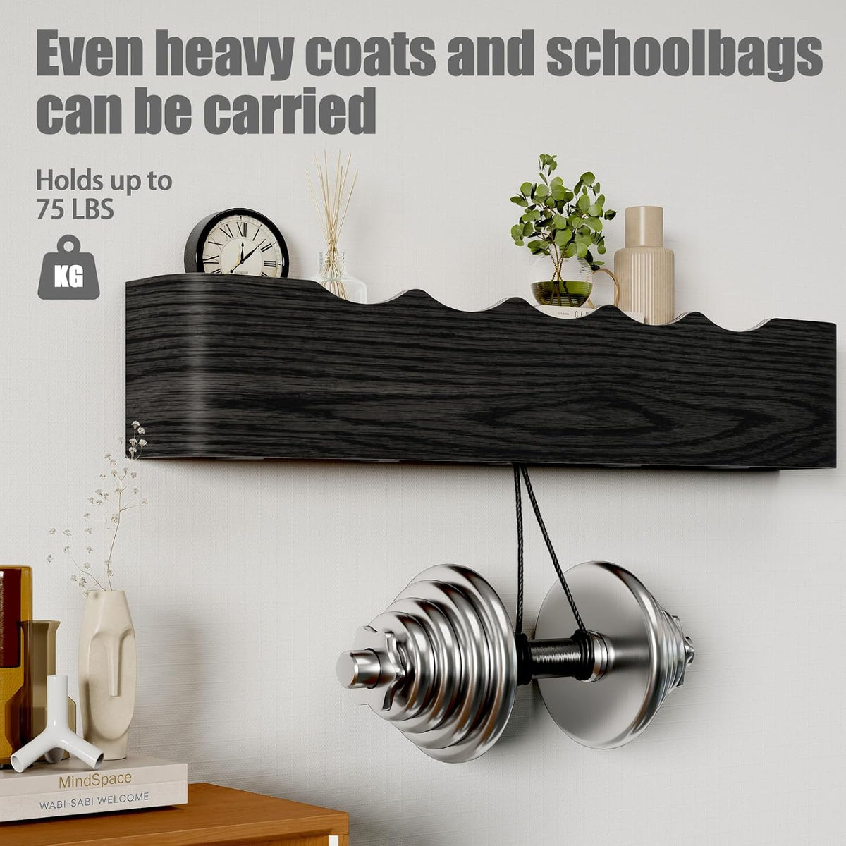 Coat Rack Wall Mount with Shelf 5 Hidden Hooks Modern Wooden Key Holder Entryway Organizer for Hallway Bedroom Bathroom