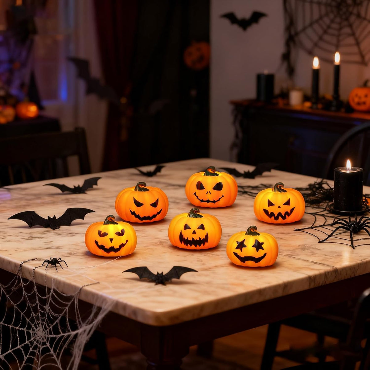 Wondise 6Pack Halloween Pumpkin Tea Lights with Remote and Timer | Battery Operated LED Orange Jack-O-Lantern Candles