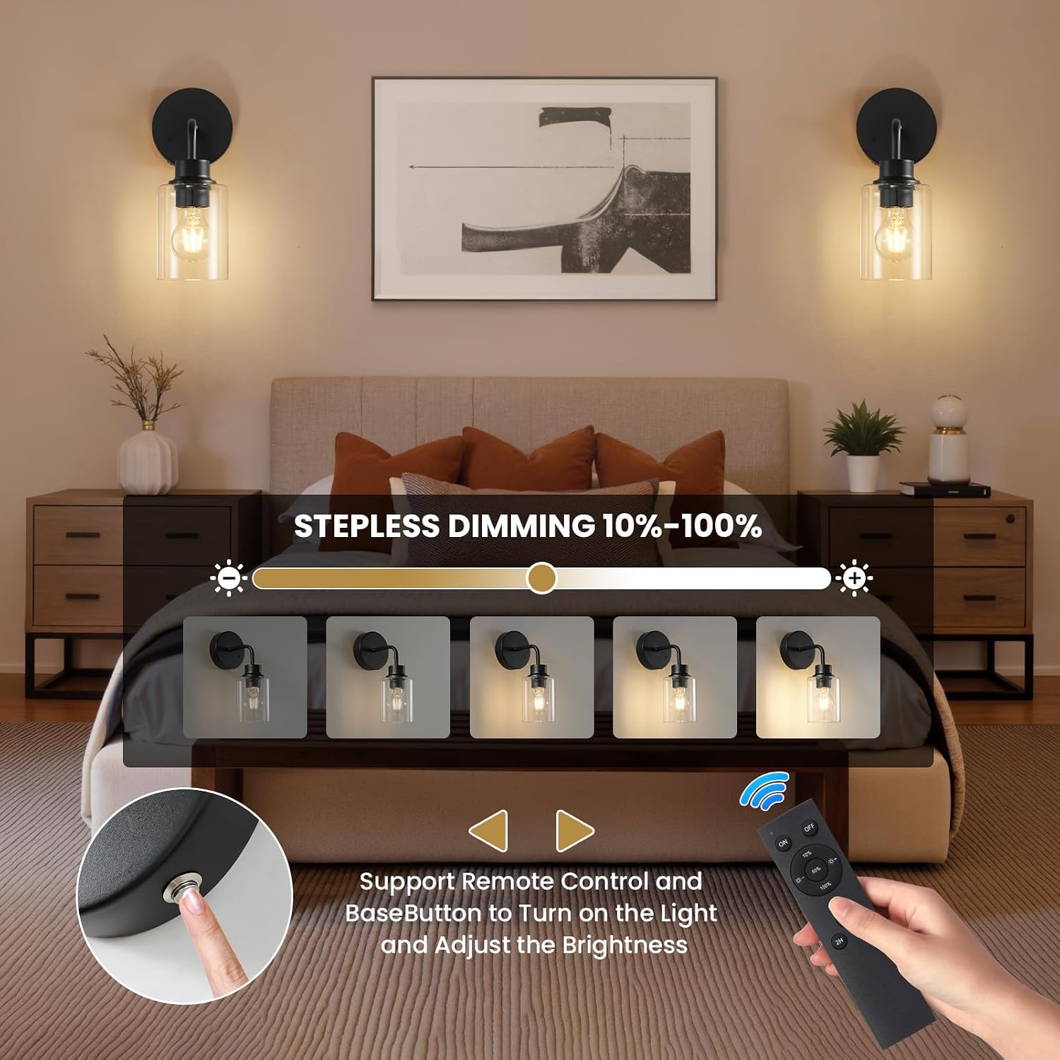 Epinl Battery Operated Black Wall Sconce Set of 2, Wireless Rechargeable Wall Lights with Remote Control, Modern
