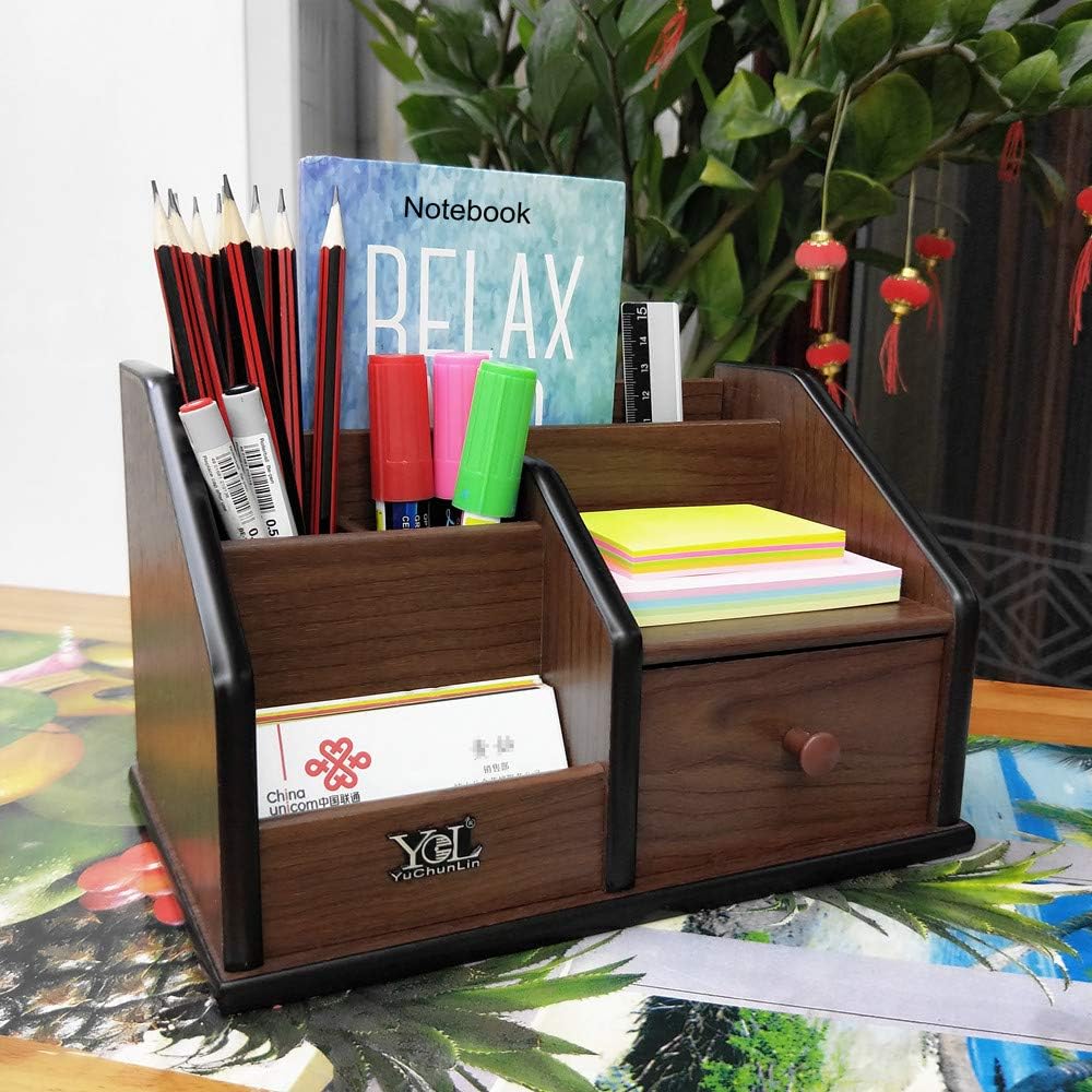 Wooden desk organizer with Drawer,Multifunctional Office & Home Storage Organizer as Large pencil holder makeup