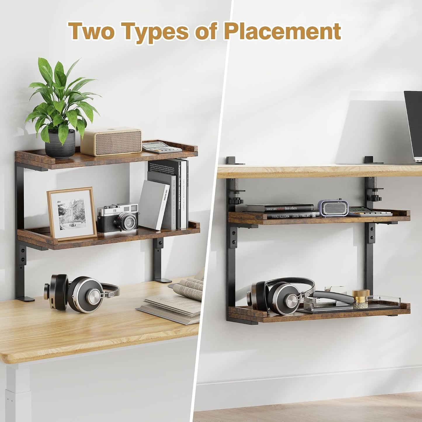 Clamp On Desk Shelf 2-Tier, 16.5 in Wood Shelving Unit for Office Desk/Gaming Accessories, Tabletop Book Storage Rack