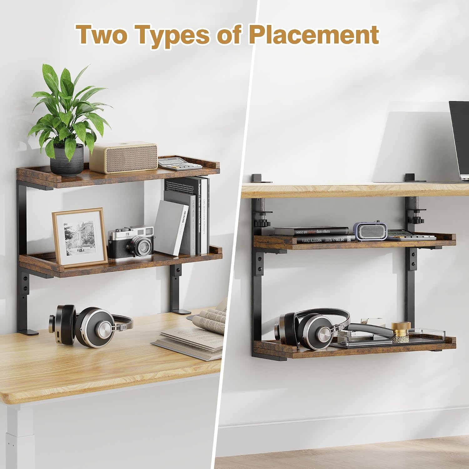 Clamp On Desk Shelf 2-Tier, 16.5 in Wood Shelving Unit for Office Desk/Gaming Accessories, Tabletop Book Storage Rack