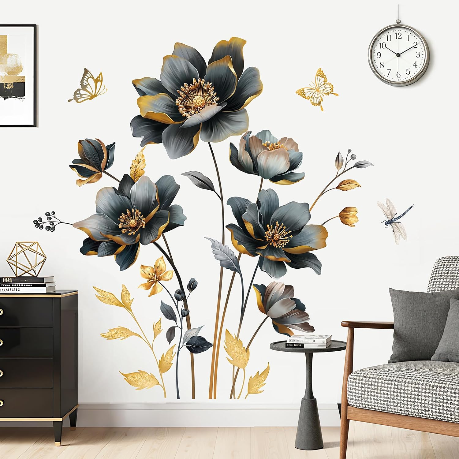Gold Flowers Wall Stickers 3D Floral Butterfly Peel and Stick Wall Art Decals / Black