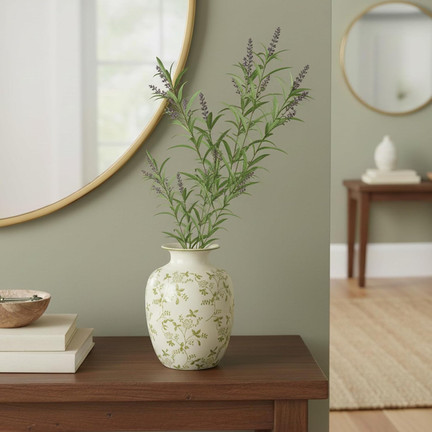 Ceramic Vase for Pampas Grass / Green and Beige / 7 Inch