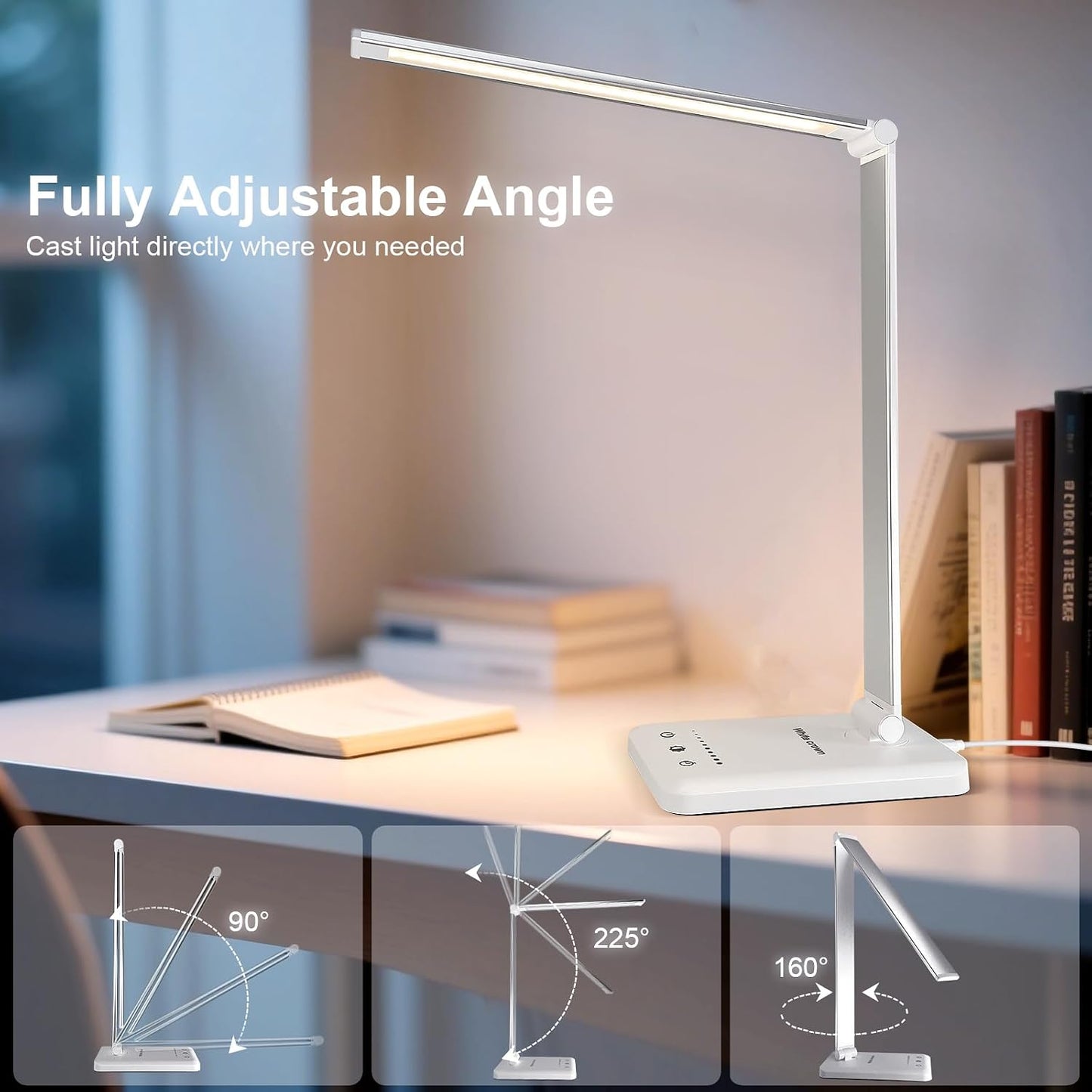 White crown LED Desk Lamp Dimmable Table Lamp Reading Lamp with USB Charging Port, 5 Lighting Modes, Sensitive Control