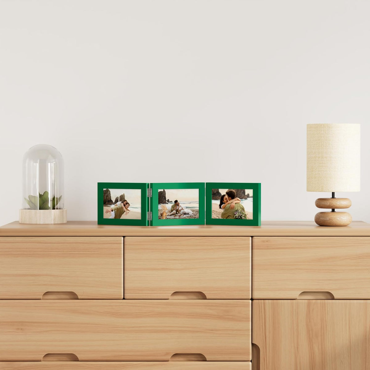 decorUhome Green Triple 7x5 Picture Frame Horizontal, MDGN08 | "Z" Shape Folding Design Engineered Wood Trifold Photo