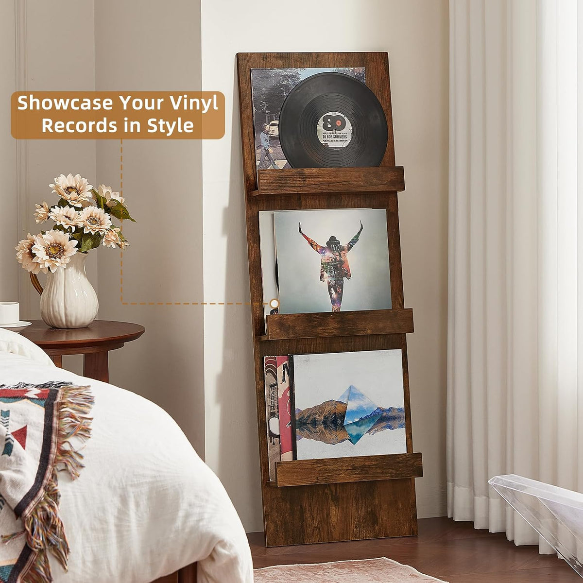 Wall-Leaning Vinyl Record Holder with 3 Tier Display Shelf, 47.5'' Tall Record Storage Magazine Holder, Vinlys Stand
