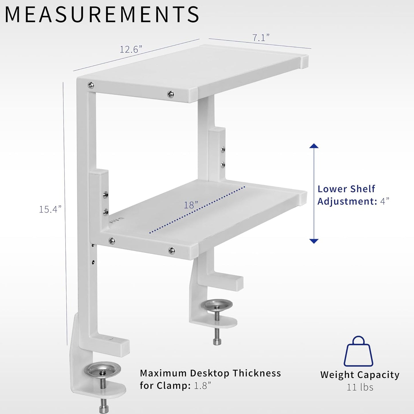 VIVO White Clamp-on 13 inch 2-Tier Desk Shelf, STAND-SHELF2CW | Above or Below Desk, 2 Level Shelving Unit for Table