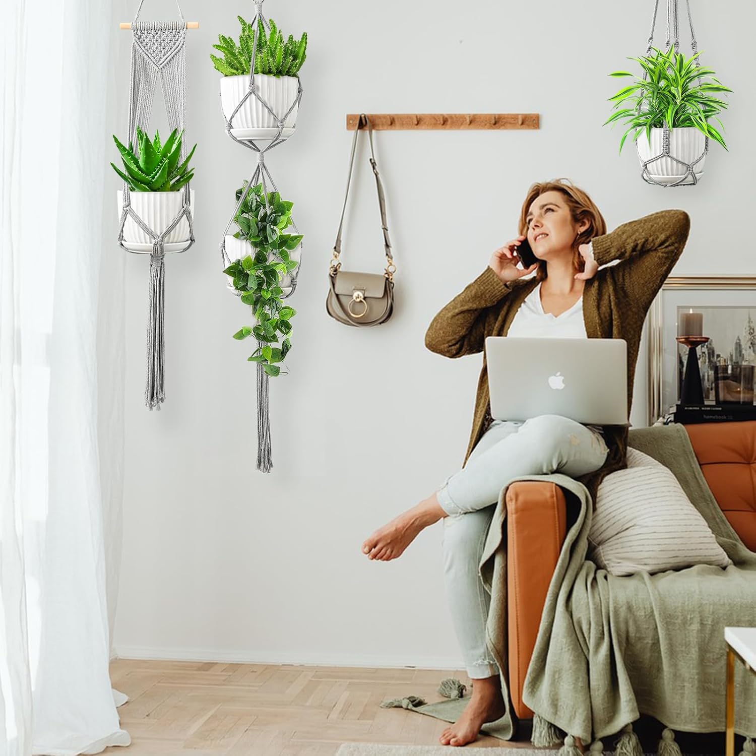 Macrame Plant Hangers / Gray / Set of 6