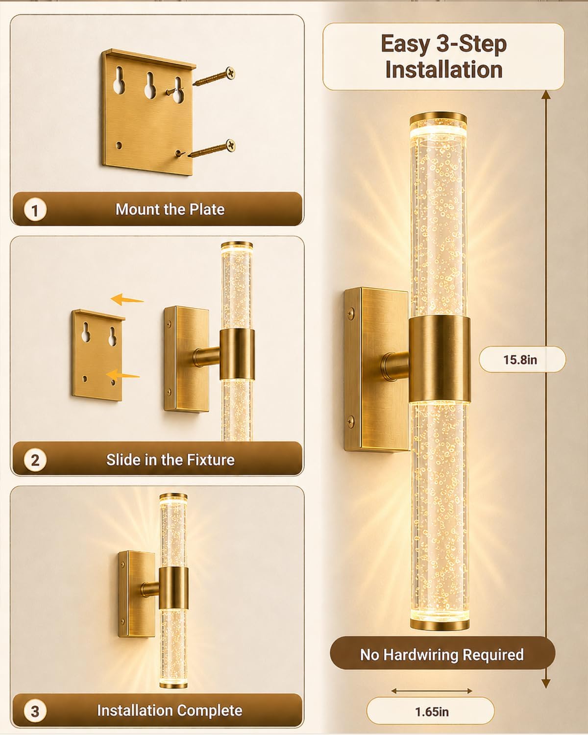 Wall Sconces Set of Two, Wireless & Rechargeable Wall Lights-Gold | 16000mAh Long-Lasting Battery，Screw-Mounted, 30ft