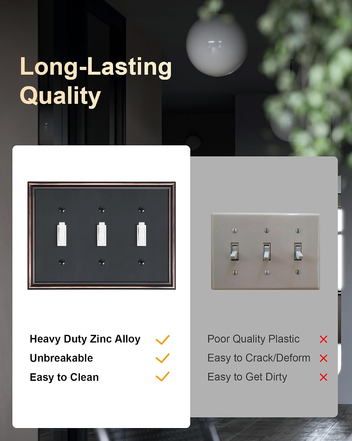 2-Pack Zinc Alloy Triple Toggle Light Switch Cover Plate, Solid Wall Plate | Decorative Zinc Alloy Decorative Switch
