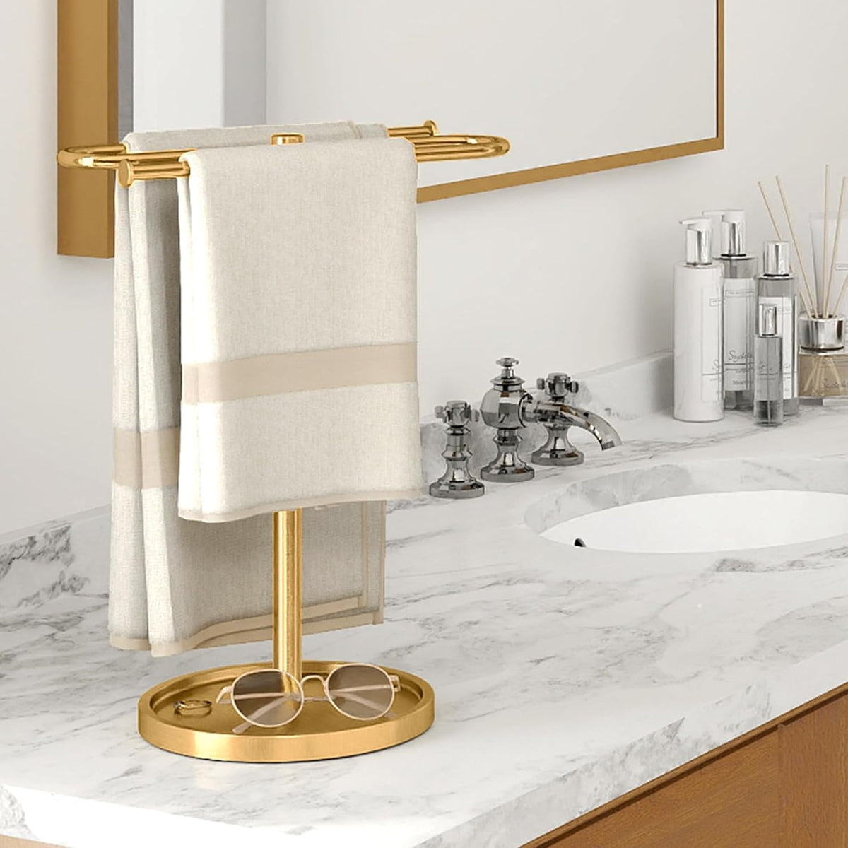 Bethom Bathroom Hand Towel Holder Stand Gold, S-Shape Kitchen Towel Rack | Stainless Steel Countertop Towel Standing