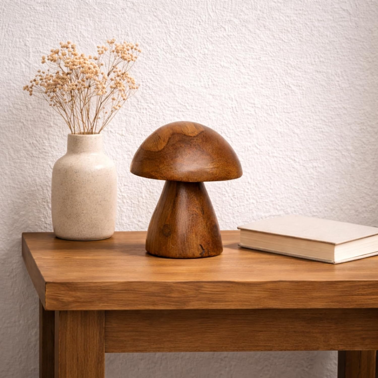 Boho Tabletop Figurine / Handmade Teak Wood Mushroom Decor Statue