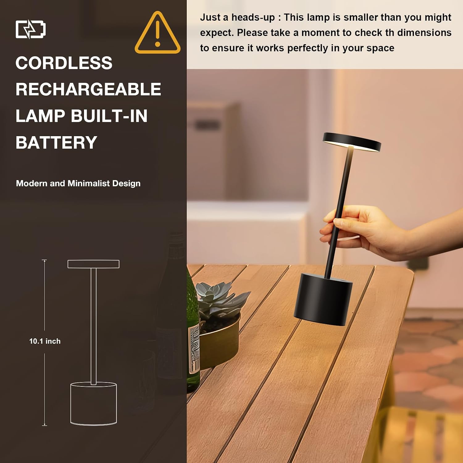 Cordless Rechargeable Table Lamp, 4000mAh Battery Operated, Black, 2 Pack | Wireless LED Lamp, 3 Color Modes, Stepless