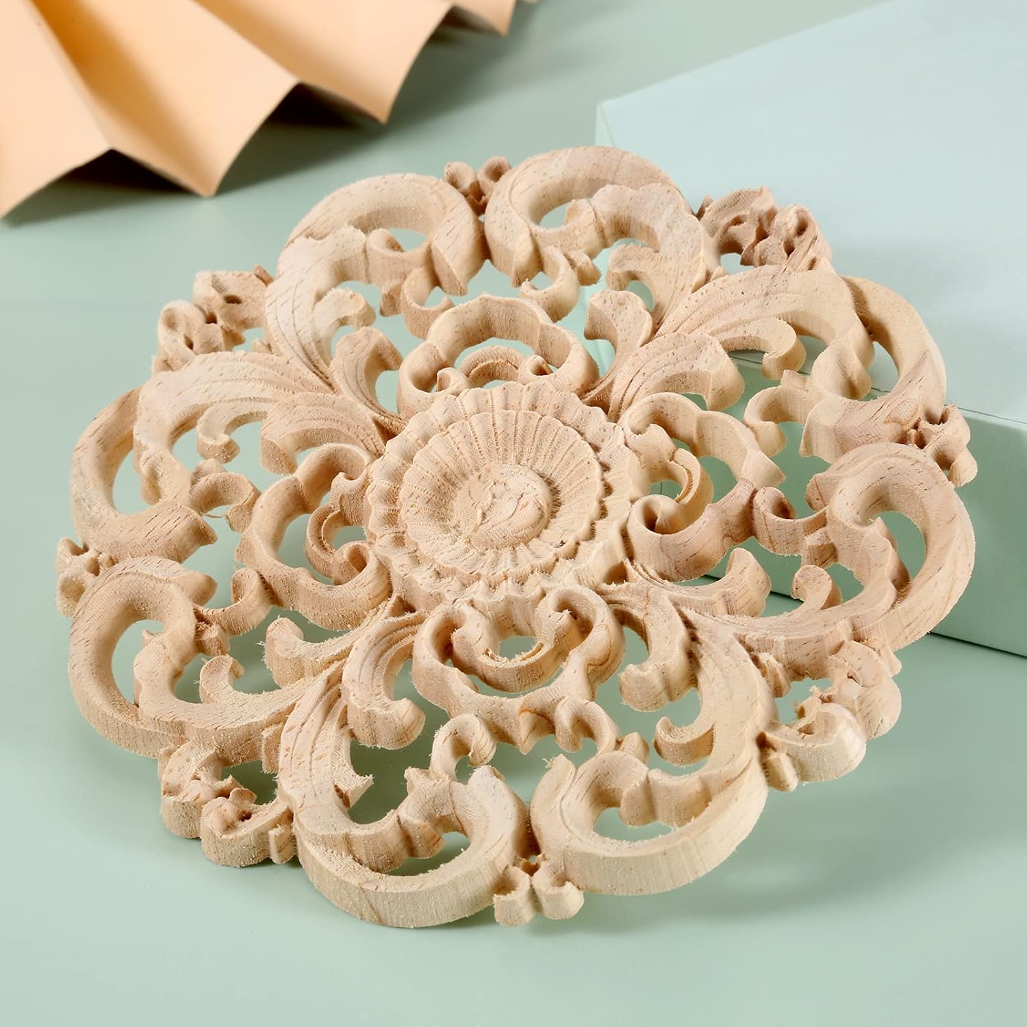 Unpainted Wooden Carved Flower Carvings Decals / 4.72 Inches / 4-pack / Set of 4
