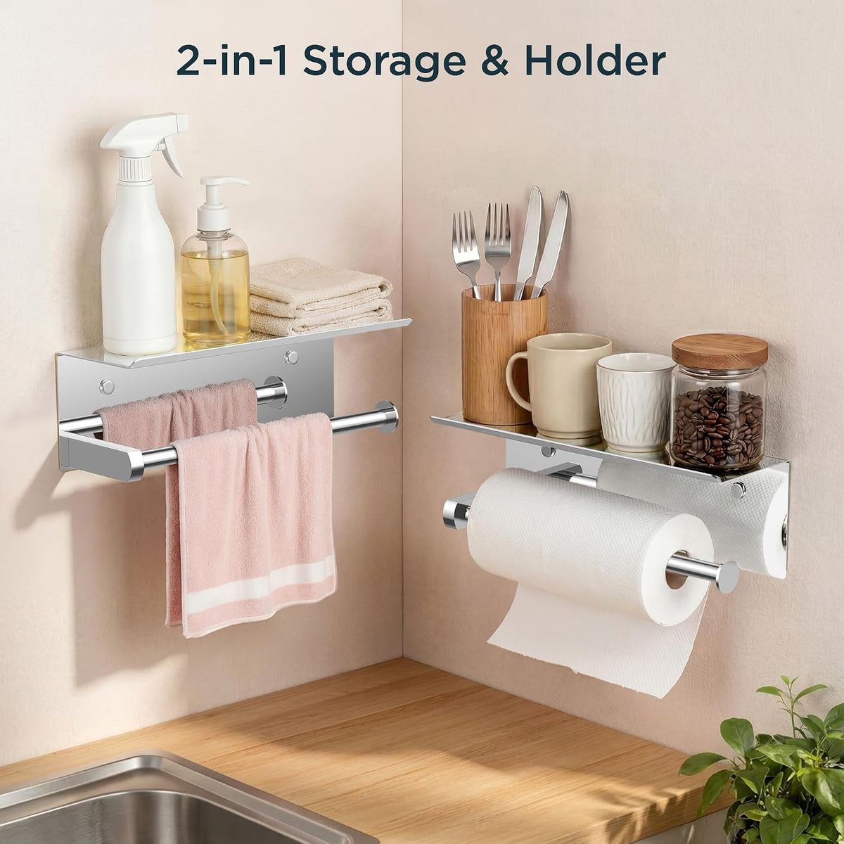 FORIOUS Wall Mount Paper Towel Holder with Shelf for Kitchen, Chrome | Heavy Duty SUS304 Stainless Steel Paper Roll