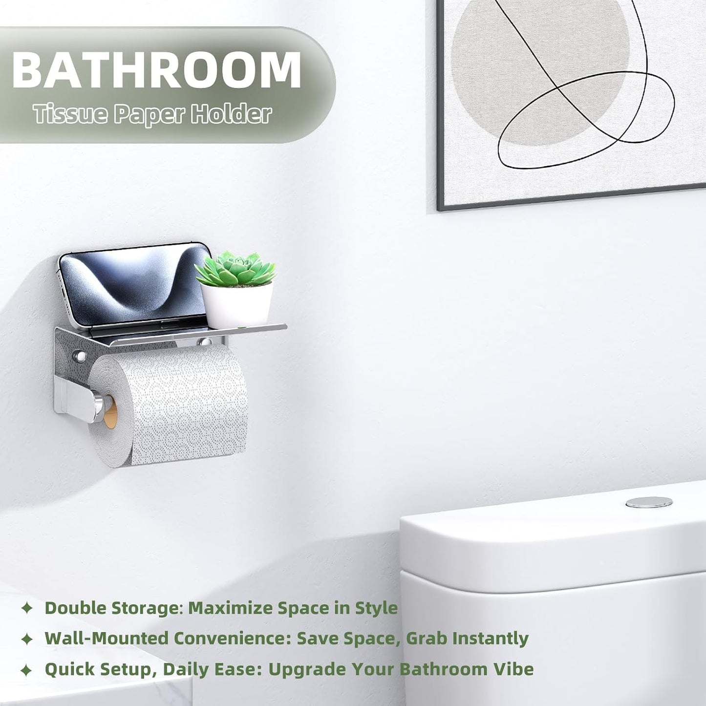 APLusee Polished Chrome Toilet Paper Holder with Phone Shelf, Wall Mounted | Sturdy 304 Stainless Steel, Fits Bathroom