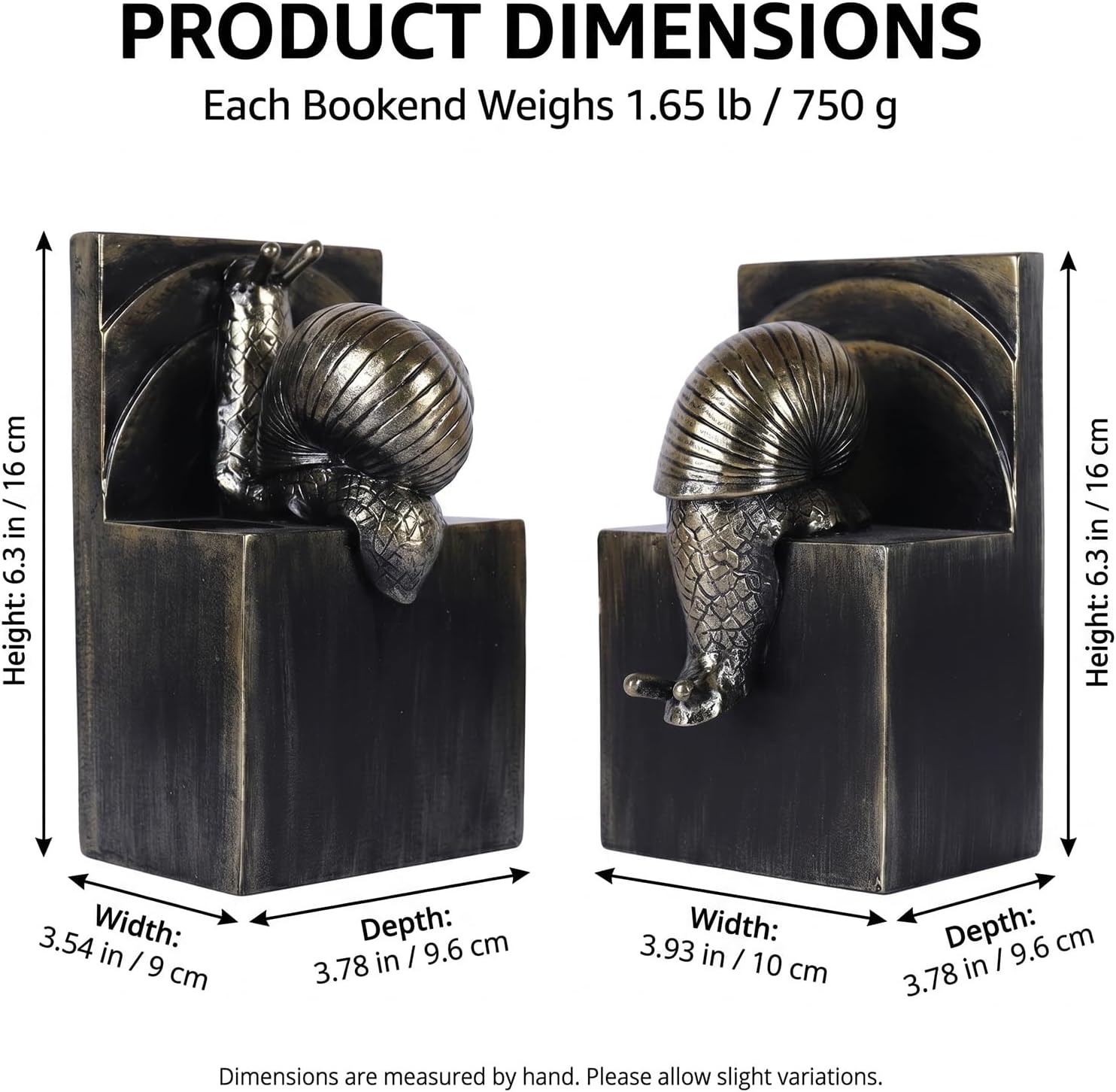 Snail Bookends / Snail Book Ends Resin Animal Bookends / Black Gold / Set of 2