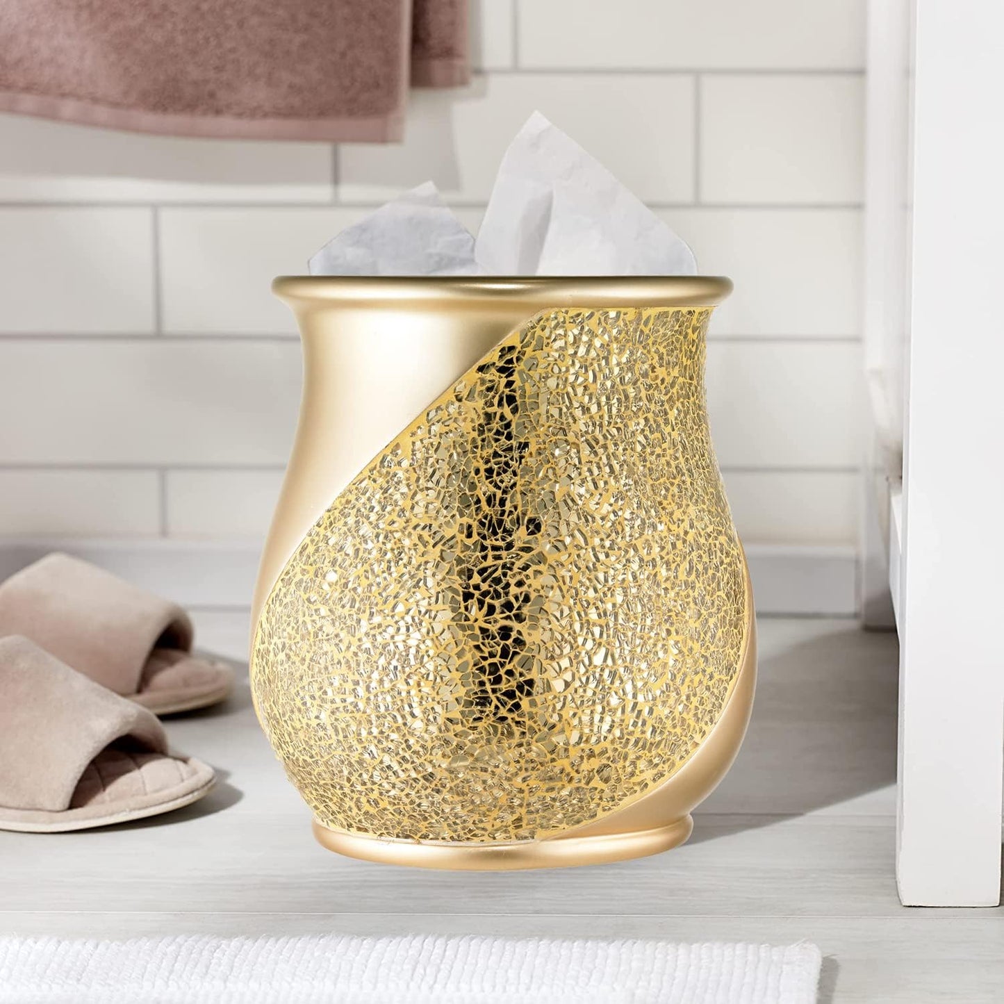 Zahari Home 2pc Sinatra Modern Bath Accessories Set Waste Basket & Tissue Box Champagne Gold Modern Decorative