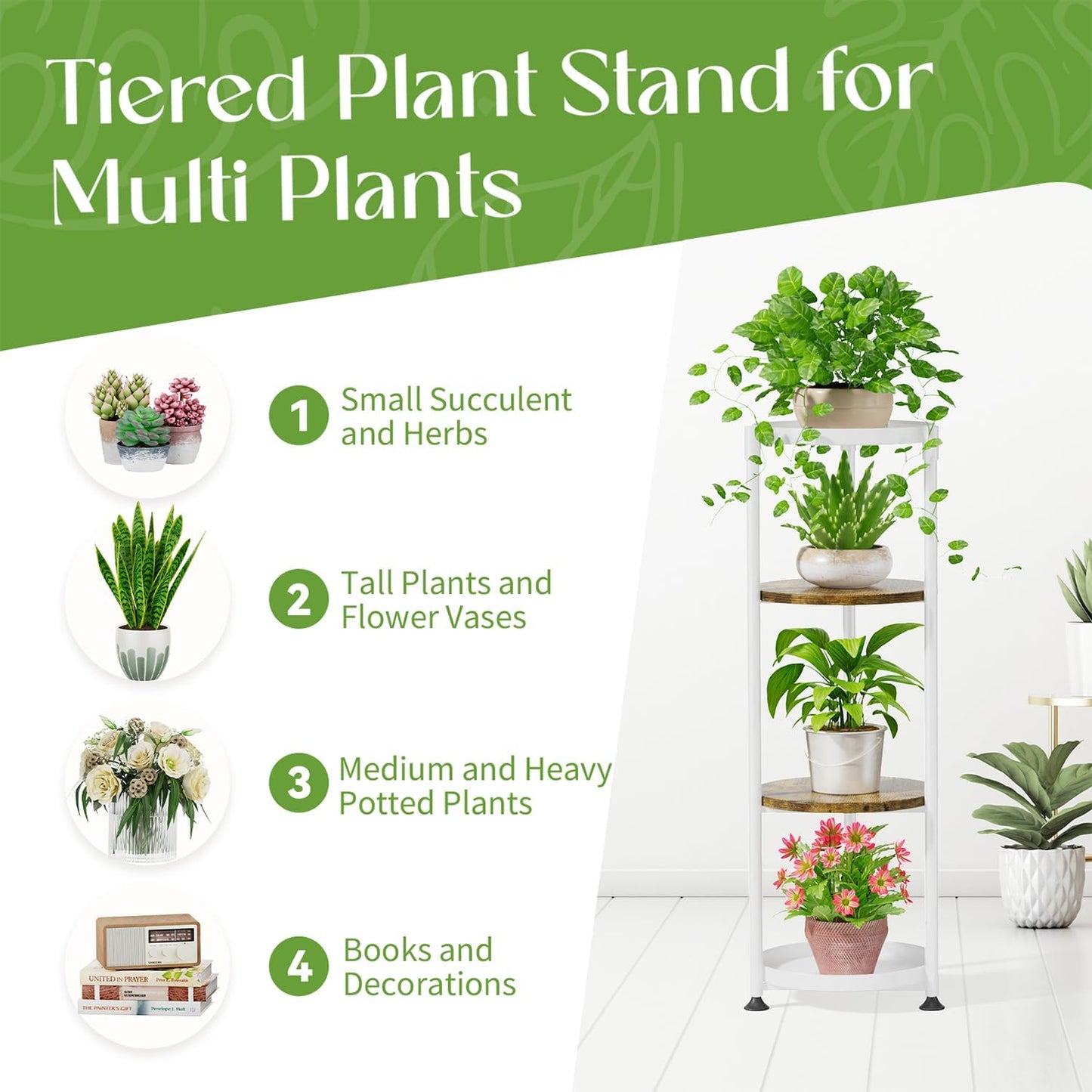 iDavosic.ly 4 Tier Corner Metal Plant Stand Indoor, 45 In Tall, White Brown | Vertical Outdoor Flower Display Holder