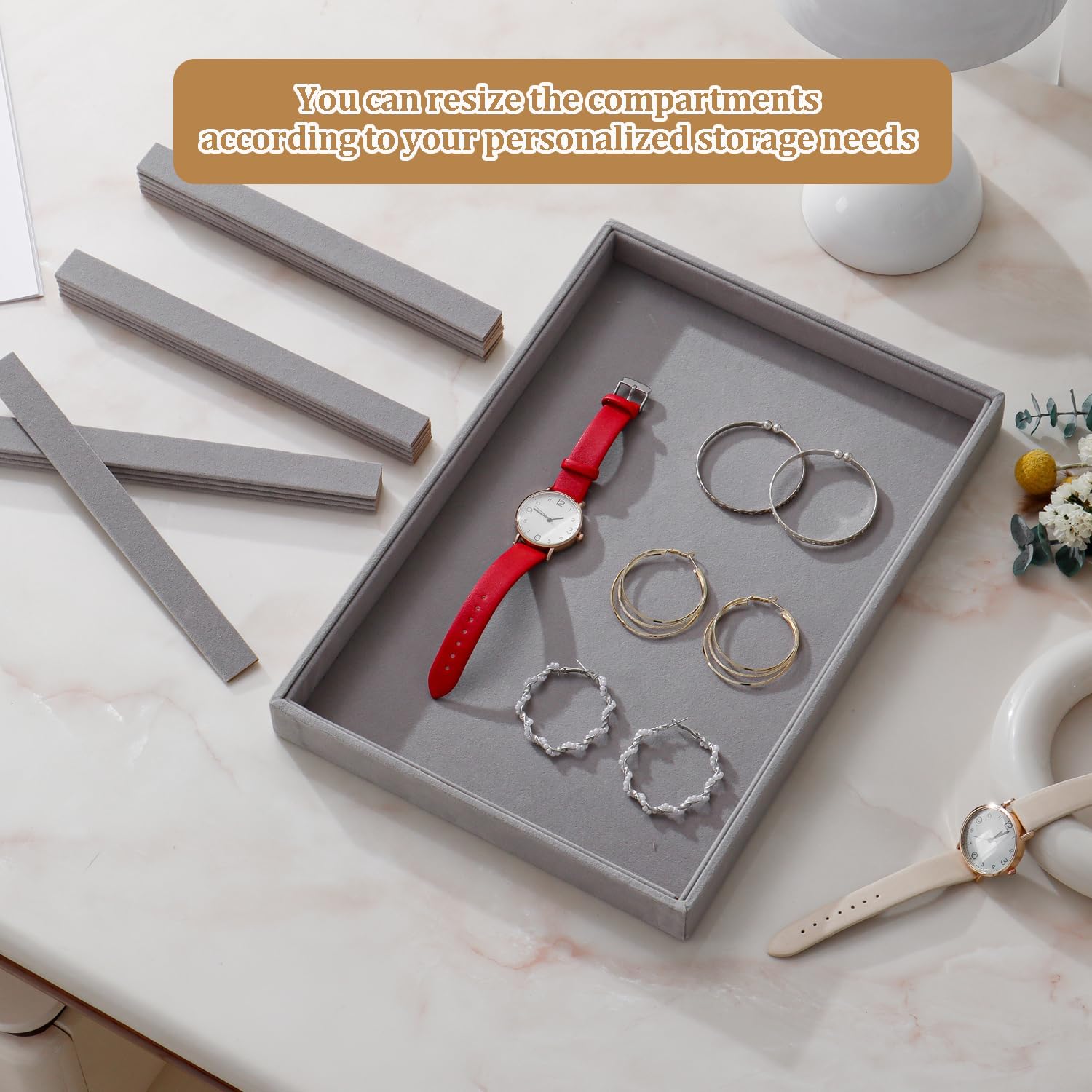 Large Velvet Jewelry Tray Stackable Jewelry Display Drawer Inserts / Gray / 16 Grids / Set of 2