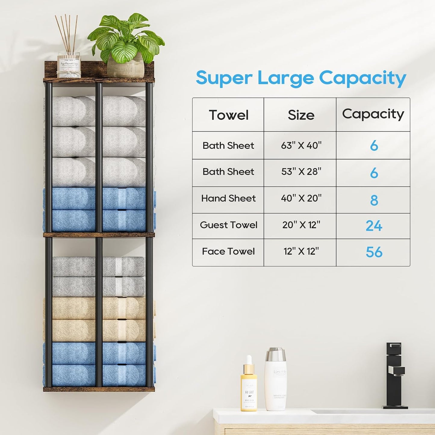 Towel Racks for Bathroom Wall Mounted with Wooden Storage Shelf | Updated 3 Bar Metal Towel Holder for Rolled Towels